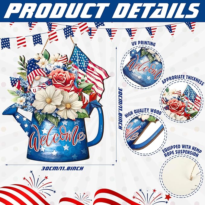 Juexica 4th of July Door Decor Patriotic Wooden Hanging Sign Independence Day Memorial Day Decoration American Flag Bouquet Door Hanger for Outdoor Farmhouse Porch