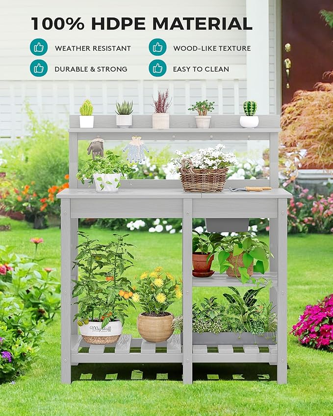 SERWALL Outdoor Potting Bench with Removeable Sink,Rot-Resistant HDPE Potting Table for Outside Gardening, All Weather Use - Spanish Gray
