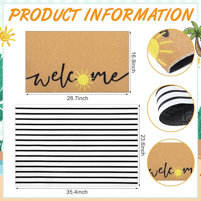 Tinideya 2 Pcs Summer Door Mat Non Slip Wildflower Coastal Hello Sunshine Sweet Home Ocean Pet Welcome Floor Doormat Buffalo Plaid Checked Stripe Mat Seasonal for Front Porch Entryway(Sun)