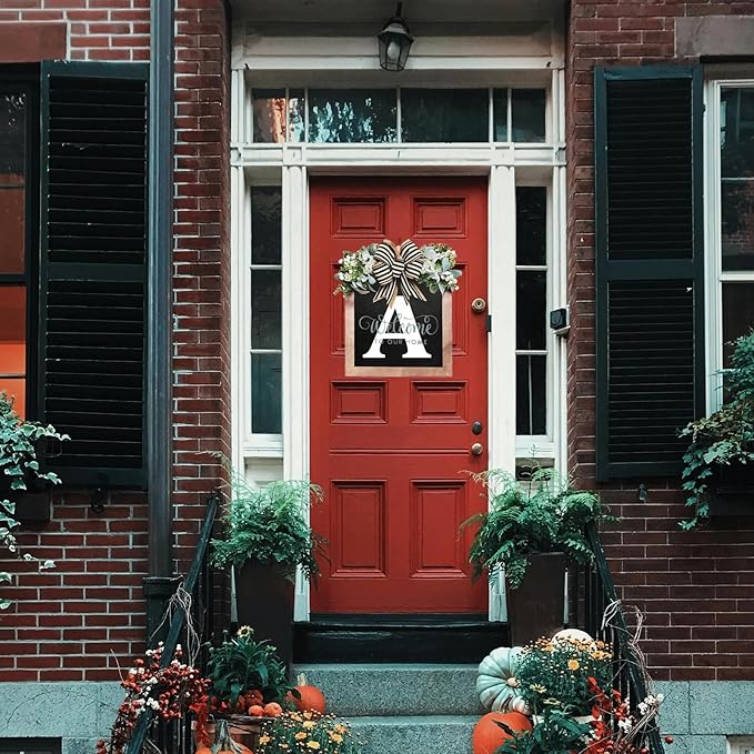 Last Name Front Porch Decor, Welcome Sign Door Wreath, Outdoor Decorations, 26 Letter Hanging Monogram Wreath for All Seasons (A)