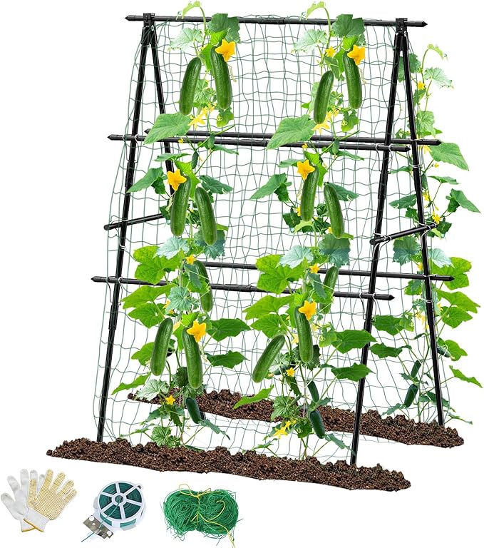 Trellis for Climbing Plants Outdoor, 31''X47'' A-Frame Cucumber Trellis for Raised Bed with Climbing Net, Garden Trellis for Climbing Plants for Cucumber,Tomato, Grapes and Flowers