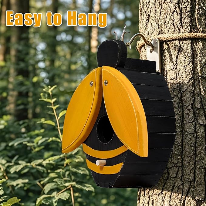 Bird Houses for Outside, Bee-Shaped Birdhouse Attracts Wild Birds (Bluebirds, Finches, Cardinals), Durable Wood Bird House with 4 cm Entrance Hole,Unique Garden Decor,Weather-Resistant