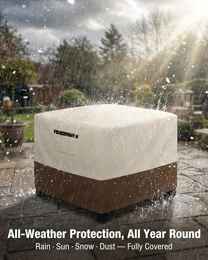 Waterproof Patio Ottoman Cover, Square Outdoor Side Table Furniture Cover with Padded Handles, 600D Heavy Duty Windproof All-Weather Patio Furniture Cover,UV Resistant, 25 x 25 x 18 Inch, Beige&Brown