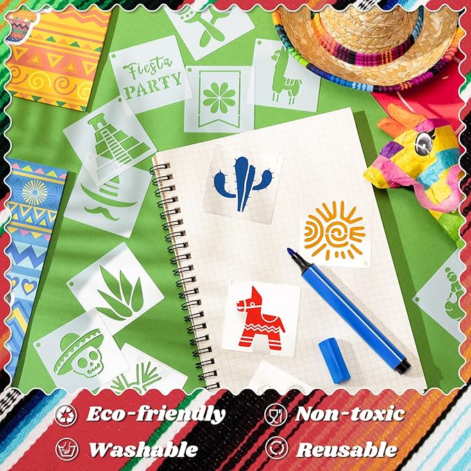 Fainne 100 Pcs 2 Inch Stencils Small Stencils for Painting on Wood Reusable Painting Templates Crafts for DIY Scrapbook, Wood, Wall, Fabric, Rock, Chalkboard, Sign(Mexican Festival)