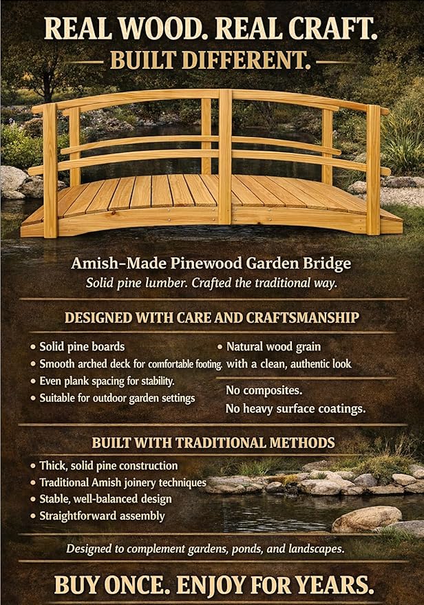 12 FT NATURAL Amish Made Garden Bridge with DOUBLE RAILS for Walkway, Backyard Pond & Landscaping, Outdoor Wooden Footbridge for Koi Pond, Japanese Style Decorative Bridge, Made in USA