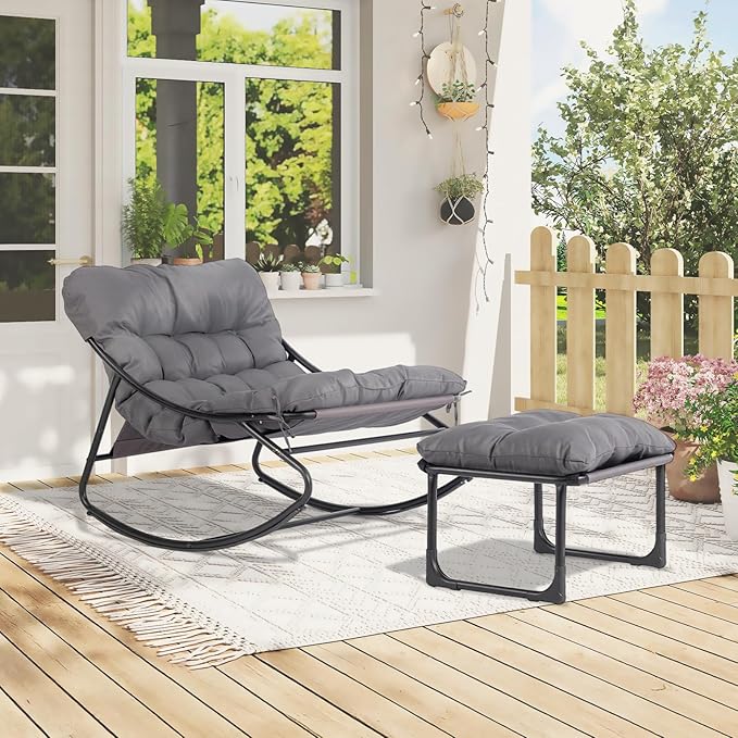 VINGLI Outdoor Rocking Chair with Ottoman, Comfortable Cushioned Lounge Chair for Indoor & Outdoor, Supports 400 LBS, Grey