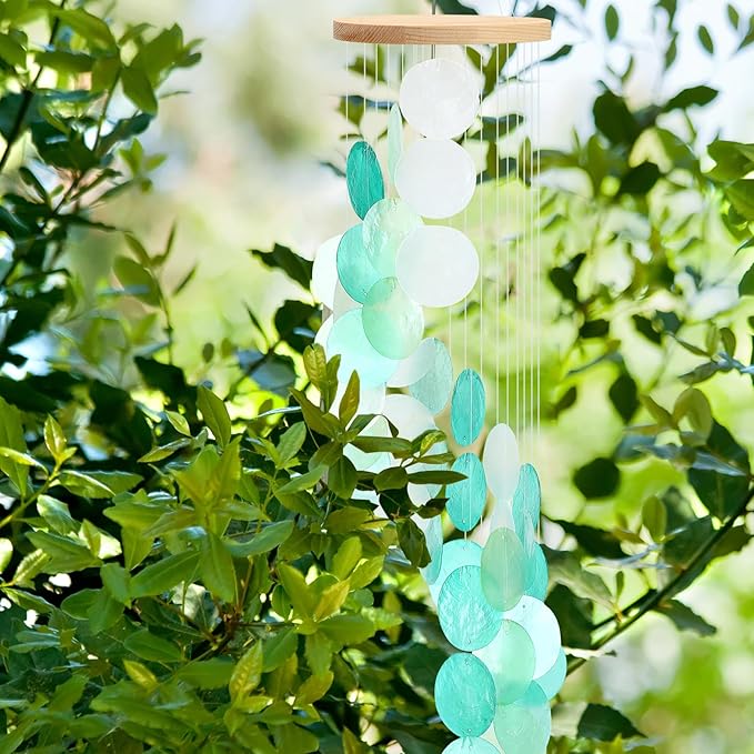 Wenqik Sea Glass Shell Wind Chimes for Outside Seaglass Capiz Windchime Spiral Wind Chimes for Women Beach Holiday Summer Gift Indoor Outdoor Home Housewarming Garden Decor(Light Blue)
