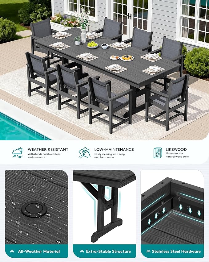 SERWALL 9 Piece Outdoor Dining Set, 84" HDPE Outdoor Table and Chairs for 8，All Weather Patio Furniture Set with Umbrella Hole for Backyard, Garden, Black