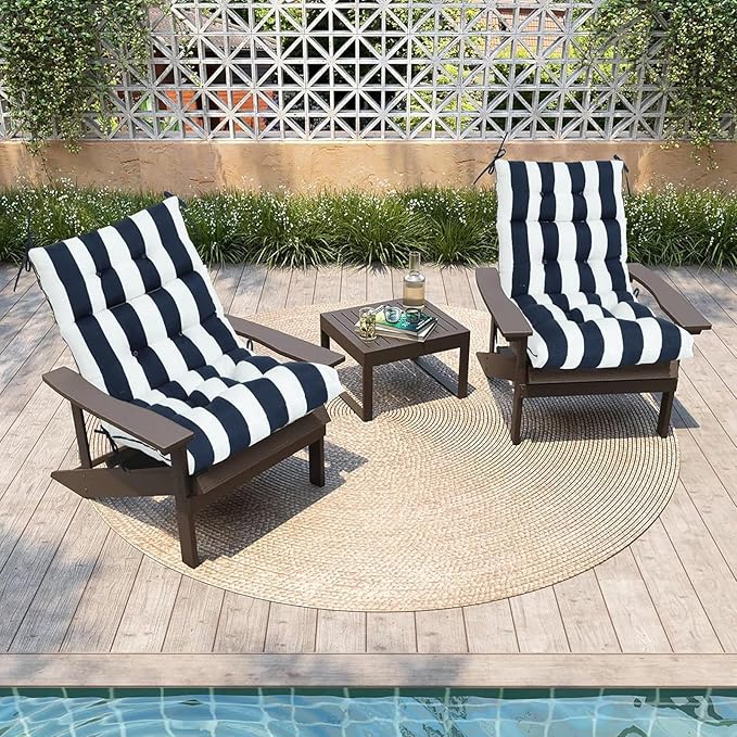High Back Chair Cushions Set of 2, Adirondack Chair Cushion with Waterproof, Rocking Chair Cushion for Outdoor Patio, Garden Porch 45”x 22”x 4 (2, Navy White B)