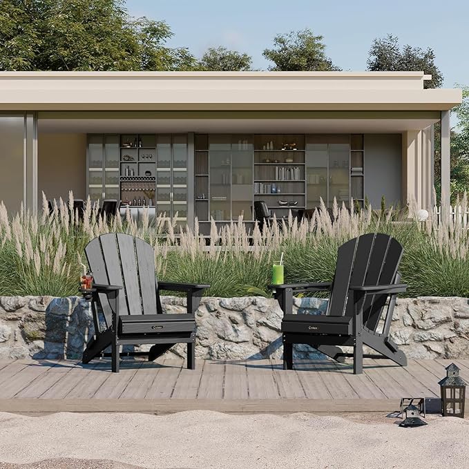 Ciokea Folding Adirondack Chair 4 Pack, Patio Adirondack Chair Weather Resistant, Plastic Fire Pit Chair with Cup Holder, Lawn Chair for Outdoor Porch Garden Backyard Deck (Black)