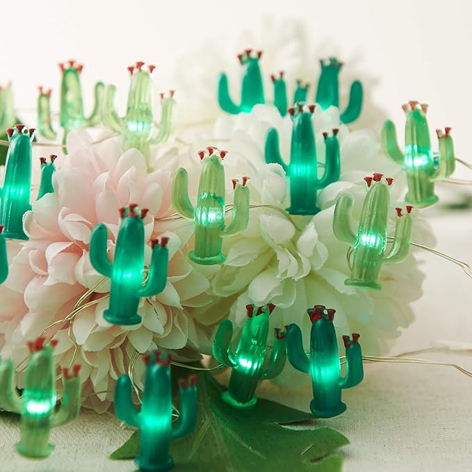 Cactus String Lights Battery Operated with Remote Green Acrylic Cactus Lights for Summer Tropical Decor