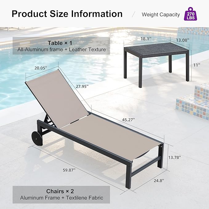 PURPLE LEAF Chaise Lounge Chair with Wheels for Outside 4 Pieces Aluminum Outdoor Lounge Chairs with 5 Adjustable Position Recliner for Patio Beach Yard Pool Side Table Included Taupe
