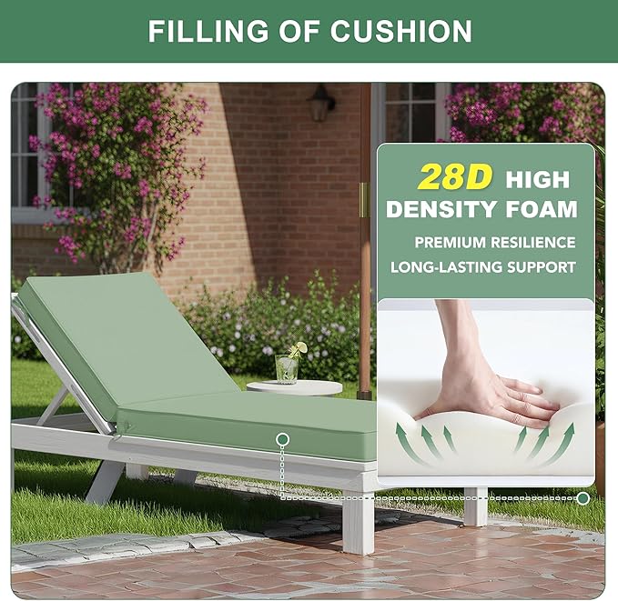 Chaise Lounge Cushions Outdoor Set of 2 - Waterproof and Fade Resistant Sun Lounger Replacement Cushions - Patio Lounger Pads with Removable Cover for Pool, Deck, 80 x 26 x 3 Inch, Sage Green