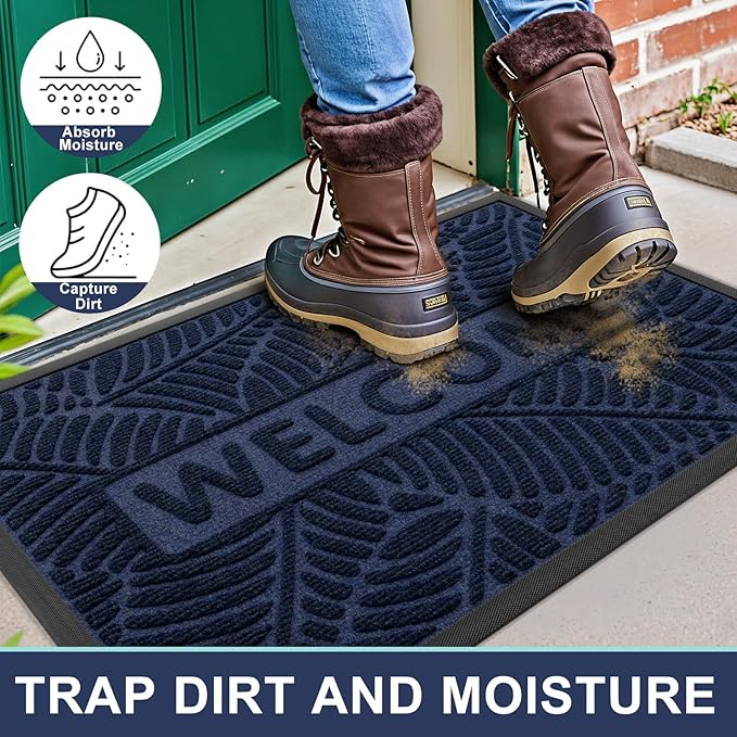 Smiry Welcome Mat Indoor Outdoor, All-Season Waterproof Front Door Mat, Sturdy Natural Rubber Doormat, Non-Slip, Easy Clean, Low Profile Dirt Trapper for Porch Patio Entrance, 35x23, Navy