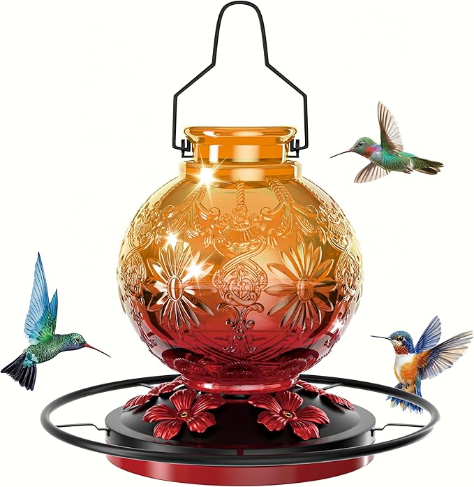 Glass Hummingbird Feeder for Outdoors, 25Oz Large Decorative Hanging Hummingbird Feeder, Leak Proof Durable Wild Bird Feeders, Hummingbird Gifts for Women & Mom, Garden Decor Window Feeder, Orange