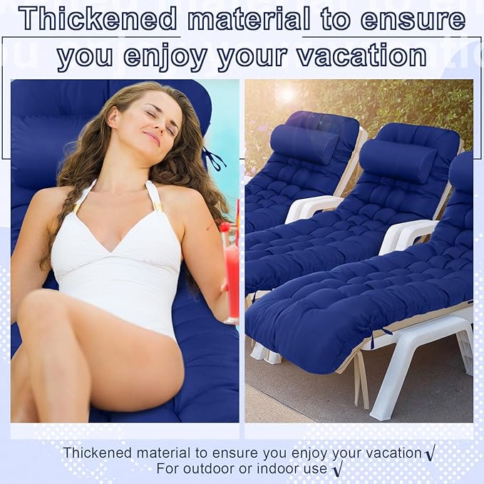 Tudomro 1 Pcs Blue 66'' Outdoor Chaise Lounge Cushion Waterproof Patio Lawn Pool Chaise Lounge Cushion with Headrest Pillow & Ties Weather Fade Resistant Replacement Longue Chair Pad