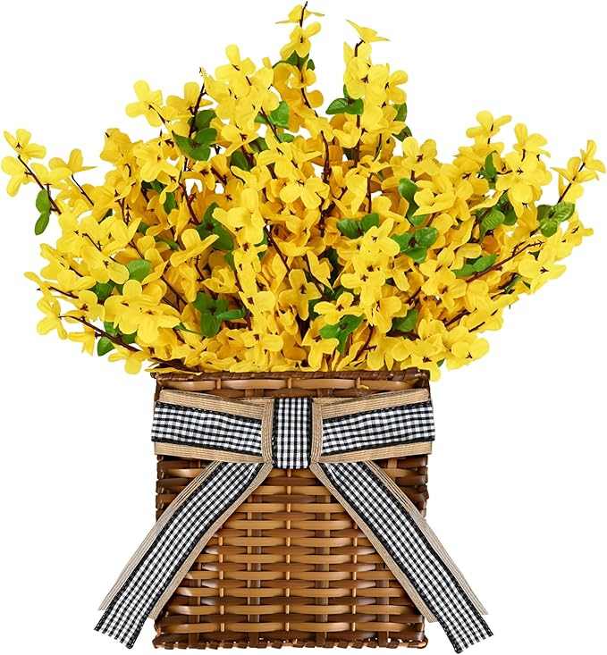 Yellow Forsythia Wreath Spring Door Hanger Basket Wreath, Artificial Spring Summer Flowers Wreathes with Green Leaves for Front Door Indoors Outdoor Decor Rustic and Farmhouse Yellow Wreathes