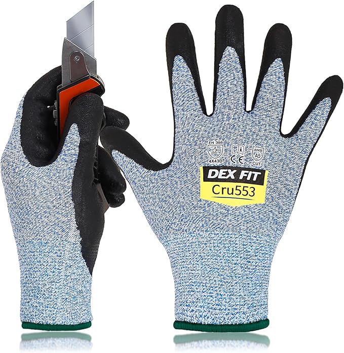 DEX FIT Level 5 Cut Resistant Gloves Cru553, 3D-Comfort Fit, Firm Grip, Thin & Lightweight, Touch-Screen Compatible, Durable, Breathable & Cool, Machine Washable; Blue M (8) 1 Pair