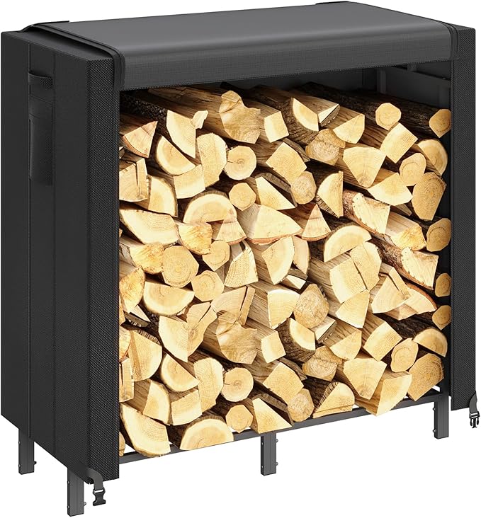 Lifewit 4 FT Firewood Rack Outdoor with Waterproof Cover, Indoor/Outdoor Wood Storage with Side Pocket, Heavy Duty Firewood Holder for Fireplace, Fire Pit, Black, 122 x 59 x 122 cm/48 x 23 x 48 inch