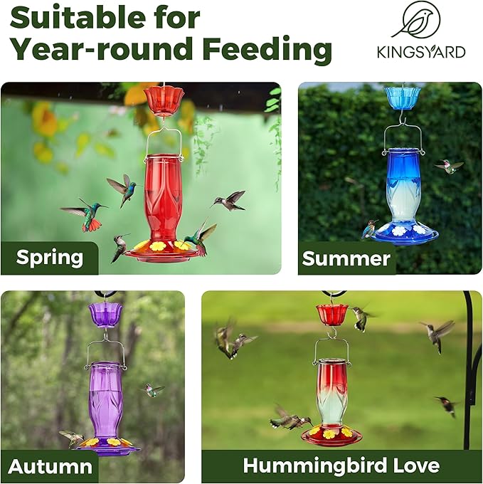 Kingsyard Glass Hummingbird Feeders for Outdoors Hanging, 6 Feeding Ports, 16 Ounces Bird Nectar Feeder, Rustproof Leakproof, Easy to Refill & Clean, Garden Backyard Decor, Ant Moat Included, Red