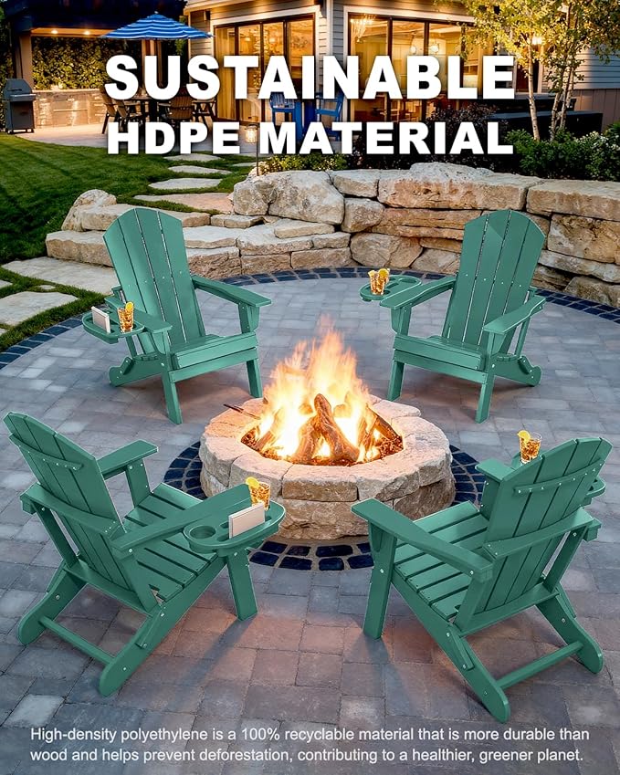 Adirondack Chair Set of 4, HDPE Folding Adirondack Chair with Multifunctional Cup Holder, Weather Resistant Fire Pit Chair for porches, patios, poolsides, Decks.
