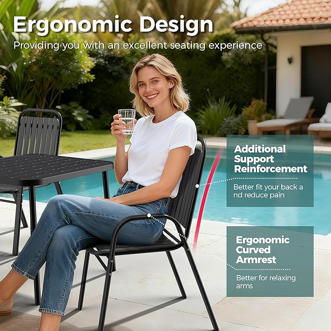 Pamapic Outdoor Dining Sets for 4, Square Table with Adjustable Umbrella Hole with 4 Plastic Chairs, 5 Piece Patio Table and Chairs Set for Garden, Backyard, Poolside and Lawn (Black)