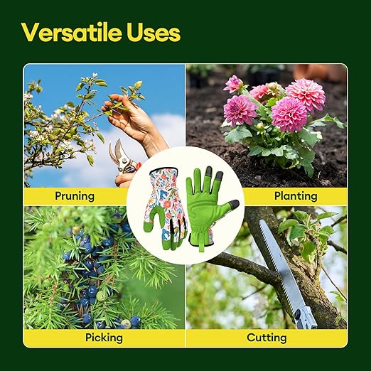 Gardening Gloves for Women, Breathable Leather Work Gloves, Thorn-Proof Gardening Gifts, Touchscreen Compatible, Protective Work for Digging, Planting, Pruning, Large Size, Green & White