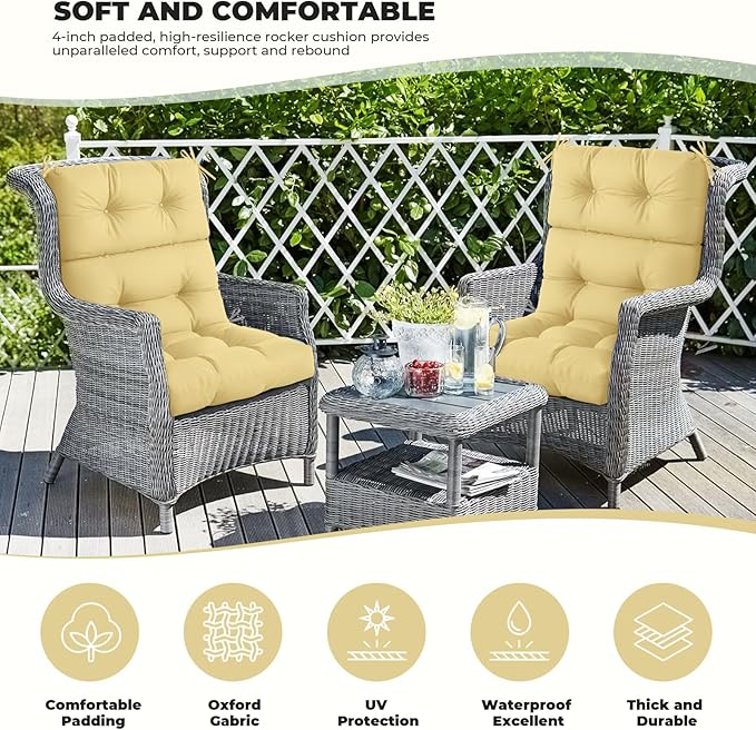 Outdoor/Indoor High Back Chair Cushion, Waterproof Outdoor Rocking Chair Cushion with Ties, Tufted Replacement Seat Cushions for Outdoor Furniture, Khaki