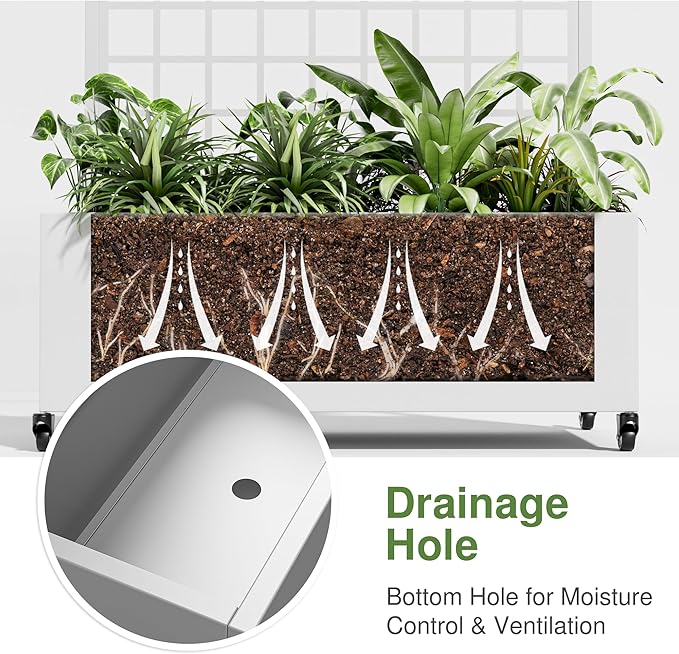 Casaphoria Metal Raised Garden Bed with Trellis and Wheels, 72"x35"x16" Planter Box for Climbing Plants, Vegetables & Vines, Features Drainage Holes and Privacy Screen (White-Grid)
