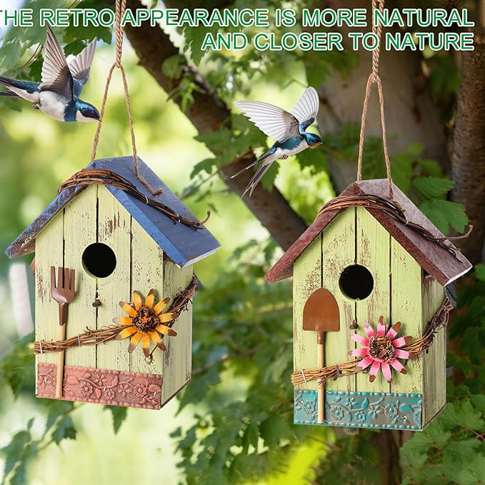 2 Pcs Decorative Birdhouse for Yard Outside Hanging Wooden Birdhouse Hand Painted Bird Box for Bird Lovers Bluebird Tree Swallow Wild Chickadee Garden Decor(Light Color,Wooden Roof)