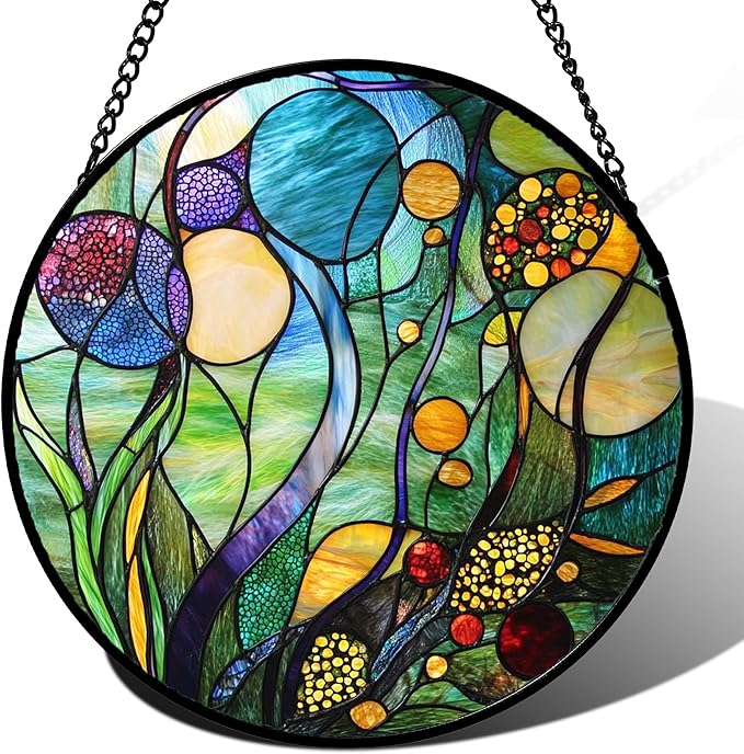 Stained Glass Window Hanging Blue Ocean Water Plants Flower 7.8" - Suncatcher Door Garden Sun Catcher Home Decor Birthday Christmas for Mom Men Woman Nana Friend