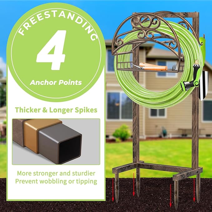 TomCare Garden Hose Holder Upgraded Detachable Water Hose Holder Thick Metal Hose Hanger Heavy Duty Free Standing Garden Hose Storage Hose Stand Decorative Hose Organizer for Outside, Bronze