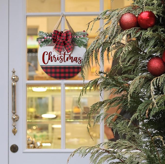 Christmas Sign for Front Door Wall Decor - Walasis Merry Christmas Signs Hanging for Indoor with Buffalo Plaid Bow Farmhouse 12 inch Red Xmas Wreath Hanger Decorations