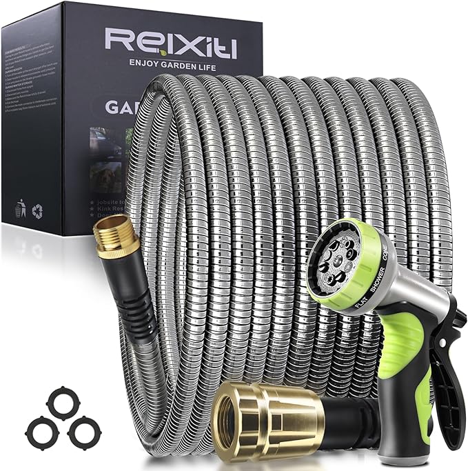 15FT Metal Garden Hose - Stainless Steel, Heavy Duty, Flexible & Lightweight, Never Kink and Tangle, with 10-Function Nozzle, Pressure Resistant for Outdoor Use (Yellow)