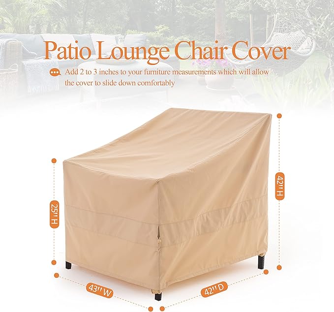 WJ-X3 Patio Chair Cover, Outdoor Lounge Cover, Heavy Duty, Waterproof Lawn Chair Covers, 43W x 42D x 42H, Beige, 2-Pack