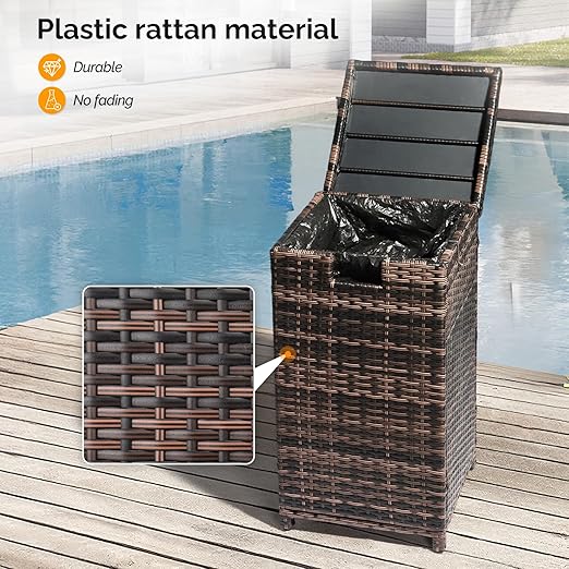 VINGLI 33 Gallon Outdoor Trash Can with Convenient Lid, Rattan Garbage Container with Side Hook, Weatherproof Patio Trash Can for Graden, Yard, Patio, Brown