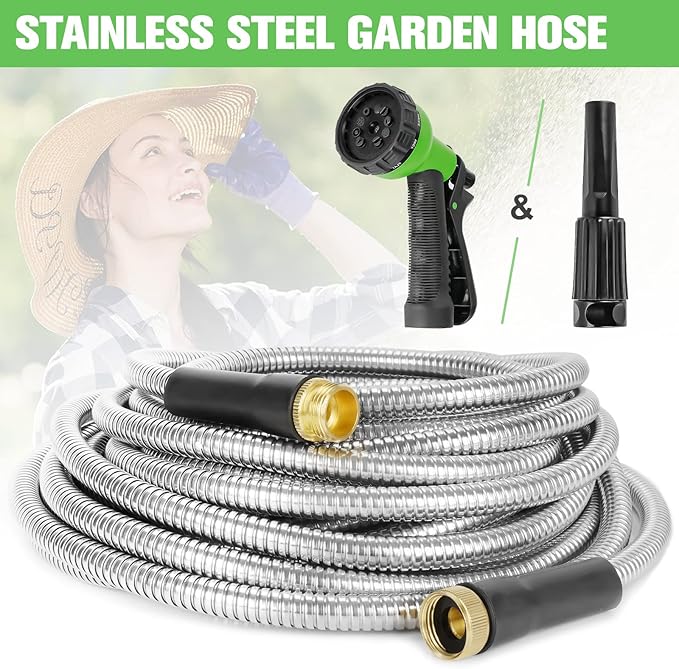 Metal Garden Hose 75ft Stainless Steel Water Hose Super Tough Flexible Water Pipe with 3/4 inch Brass Fittings and Sprayer Nozzle, Kink & Tangle Free, Rust Proof