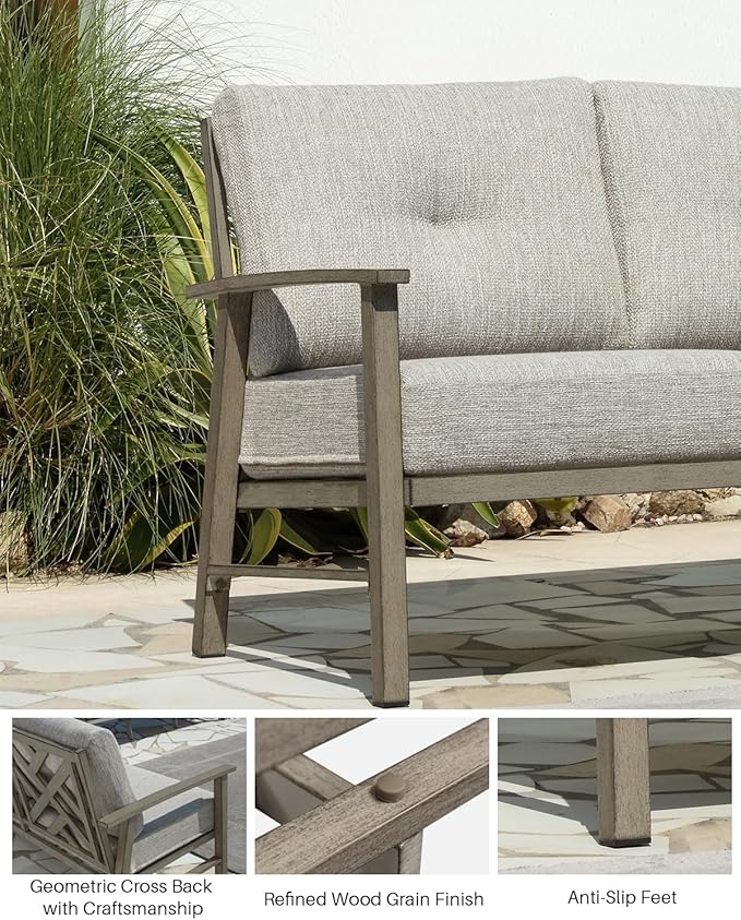 3 Seats Patio Furniture Sofa, Outdoor Aluminum Couch with 5.9'' Soft Cushion, 3-Seater All-Weather Outdoor Patio Furniture Sofa Couch for Balcony, Poolside, Lawn, Limed Oak