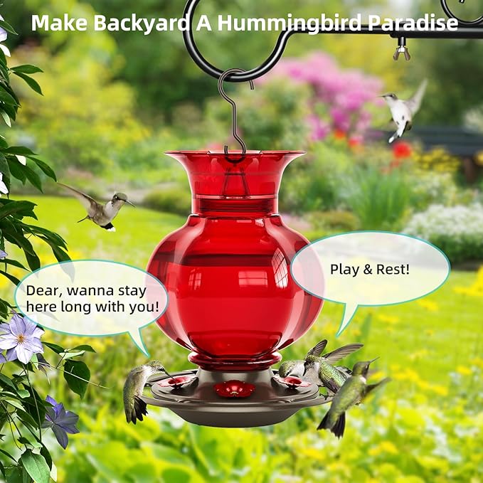 Auslar Hummingbird Feeder, Red Glass Hummingbird Feeders for Outdoors Hanging with Ant Moat, 5 Simulation Flowers Feeding Ports, 23 Ounces, Rustproof, Fade Proof, Pomegranate Shape, 2 Pack