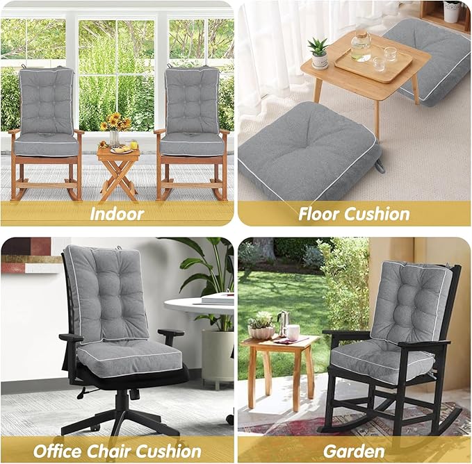 YZ HOME Rocking Chair Cushion, Set of Thicken Seat & Back Chair Cushions with Memory Foam, Non-Slip Chair Pad with Ties for for Indoor&Outdoor Rocker, Light Grey, 28 * 18 * 5/18x18x5
