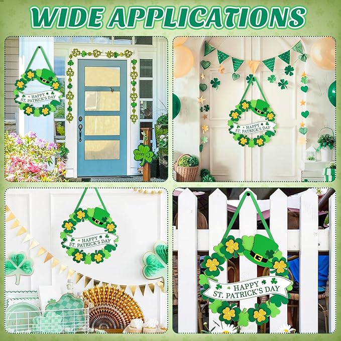 Wooden St Patricks Day Wreaths for Front Door Decoration Shamrock Door Sign Wall Signs Clover Spring Decoration, Irish Sign Welcome Hanging for Home Decor Party Outdoor Indoor Supply 3D Glitter