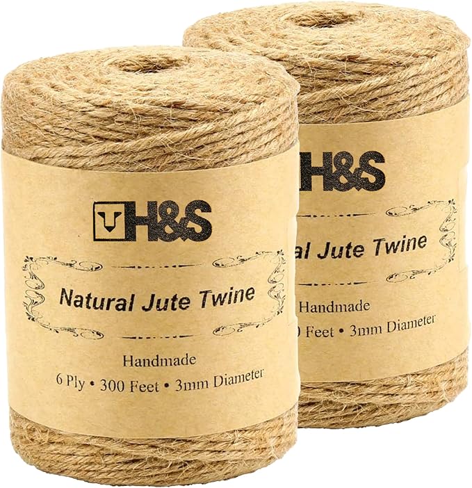 H&S Natural Jute Twine String – 2 Reels x 3mm Thick Strong Natural Garden Rope Roll - 6 Ply & 300 Ft Brown Cord for Crafts