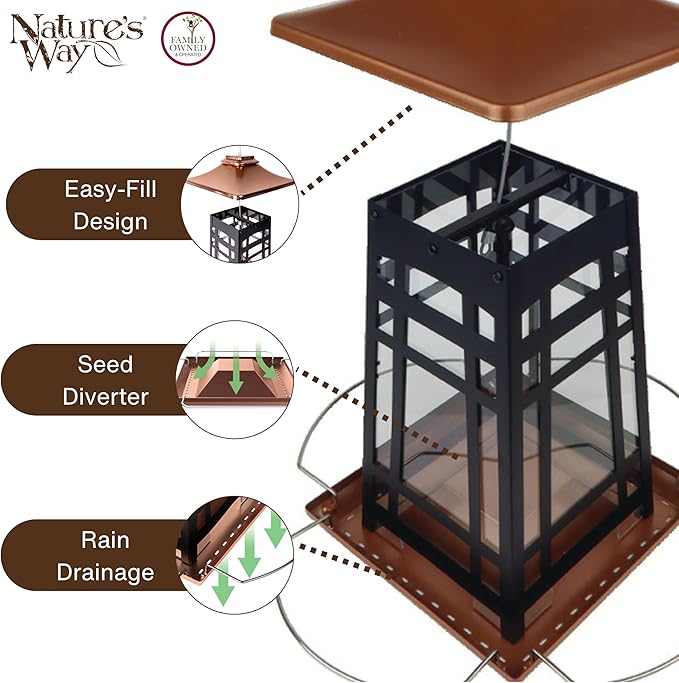 Nature's Way Outdoor Garden Décor Hanging Wild Bird Seed Feeder, Metal Copper Gazebo Feeder, Easy Fill, Rain Drainage, Black and Copper