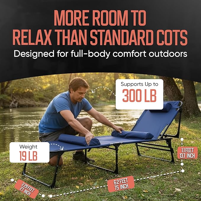 Outdoor Lounge Chair | Extra Large Portable cot incl Leg Raising adjustability | Easy Setup & Takedown | Supports Adults up to 300 lb | Ideal for Camping Patio, Balcony, Beach & More