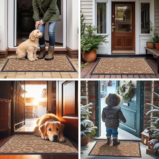 Smiry Welcome Door Mat Outside Entrance, Heavy Duty Trap Dirt and Moisture Easy Clean Low Profile Patio Porch Indoor Outdoor Front Doormat for Entry, 29.5x17 Inch, Coffee
