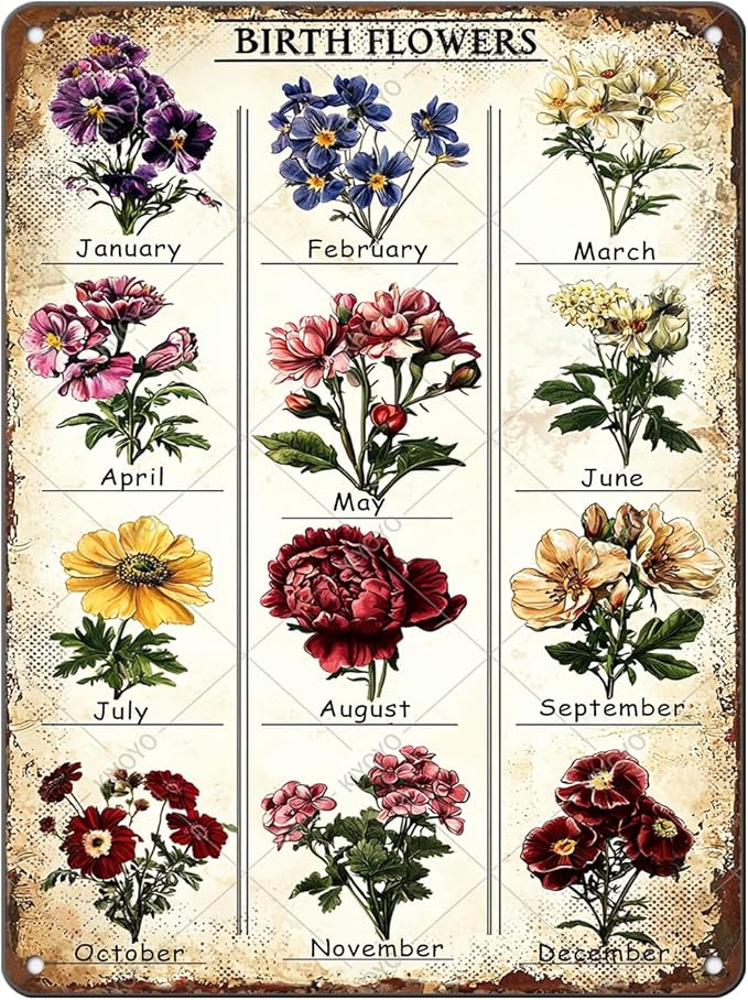 Garden Gifts Vintage Gardening Signs Mom Grandma Birth Month Flower Tin Sign for Home Garden Greenhouse Living Room Bedroom Yard Cottage Outdoor Decor 16x12 Inch