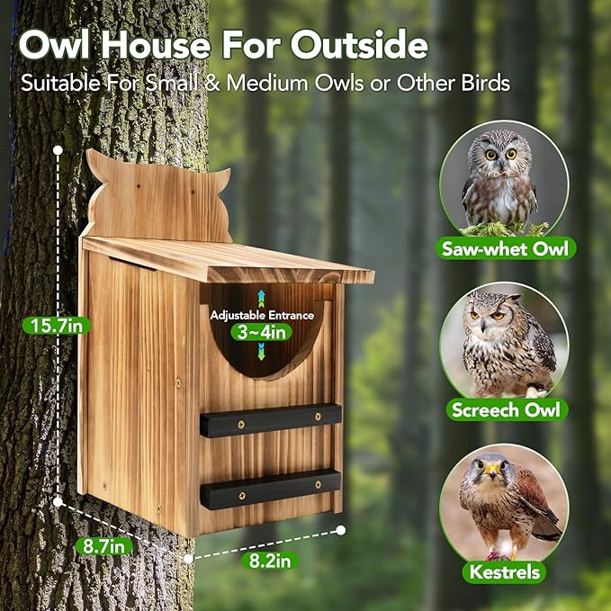 Owl House for Outdoors, Cedar Owl Nesting Box, Durable Carbonized Wood Shelter for Squirrels and Wildlife, Ideal Garden Décor