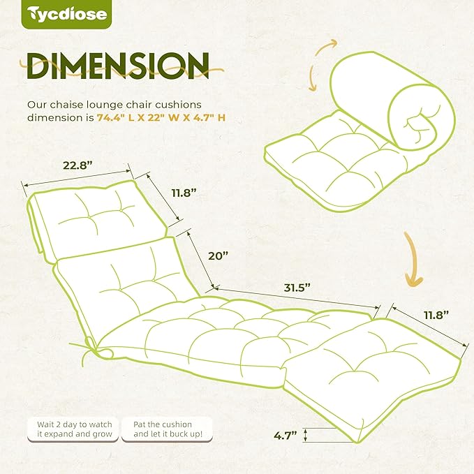 Waterproof Chaise Lounge Chair Cushions Outdoor 74.4 x 22 x 4.7 Inches Thickened Memory Foam Pool Chaise Lounge Chair Cushions Replacement for Outdoor Patio Furniture with Ties, Light Green
