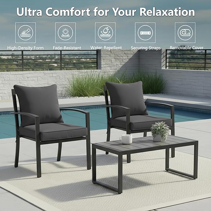 24x24 Inch Outdoor Chair Cushions Set of 2, Patio Furniture Cushions - Removable Cover, Water-Repellent, Fade-Resistant, Non-Slip Bottom & Straps, Replacement for Deep Seat Sofa & Couch - Dark Grey