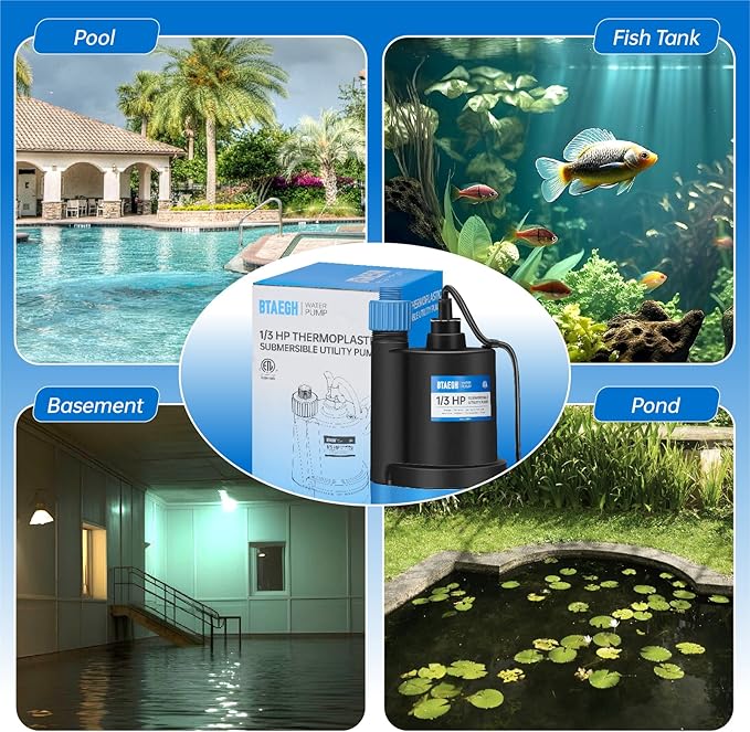 1/3 HP Submersible Water Pump 2400GPH Small Sump Pump Thermoplastic Electric Portable Transfer Utility Pump Clean for Swimming Pool Basement Garden Pond